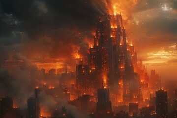 Fototapeta premium Huge Building Engulfed in Flames in Apocalyptic City Center