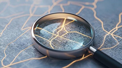A 3D magnifying glass shining light on a digital map, revealing pathways of information, symbolizing search navigation