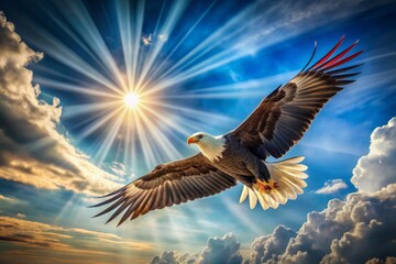 Majestic eagle soars high with national flag, expansive wings outstretched against radiant blue sky, sunbeams piercing through cottony clouds, epitomizing freedom and patriotism.