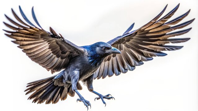 Majestic solitary crow in mid-flight, wings fully extended, feathers sleek and shiny, isolated on a pristine white background, conveying freedom and mystery.