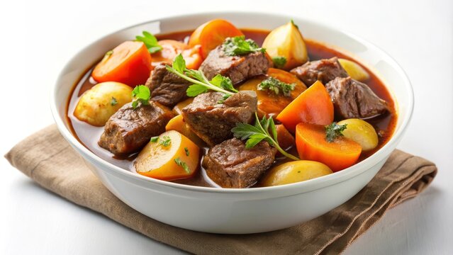  Estofado de carne con patatas y zanahorias en un plato blanco sobre una servilleta marr&oacute;n.