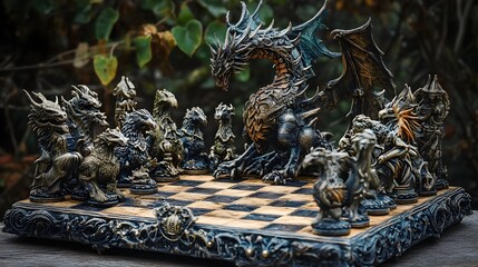 Fototapeta premium Fantasy-Inspired Mythical Chess Set on Intricate Designed Board