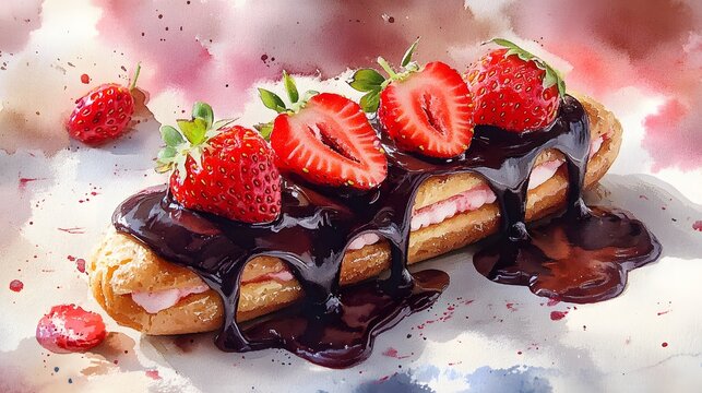 A delicious eclair topped with fresh strawberries and drizzled with chocolate.  The image is painted in a watercolor style.