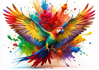 Obraz premium Vibrant parrot bursts from a dynamic splash of colorful paint, wings spread wide, symbolizing unleashed creativity, inspiration, and artistic expression in a whimsical, abstract scene.
