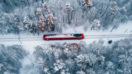 Red train traveling through a snowy forest landscape during winter
