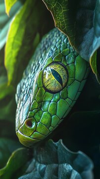 Green tree python hiding in leaves showing its scales and eye