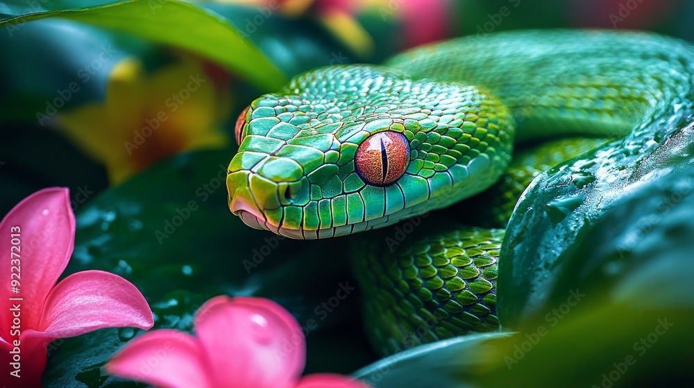 Aufkleber green tree python snake resting on a branch surrounded by flowers