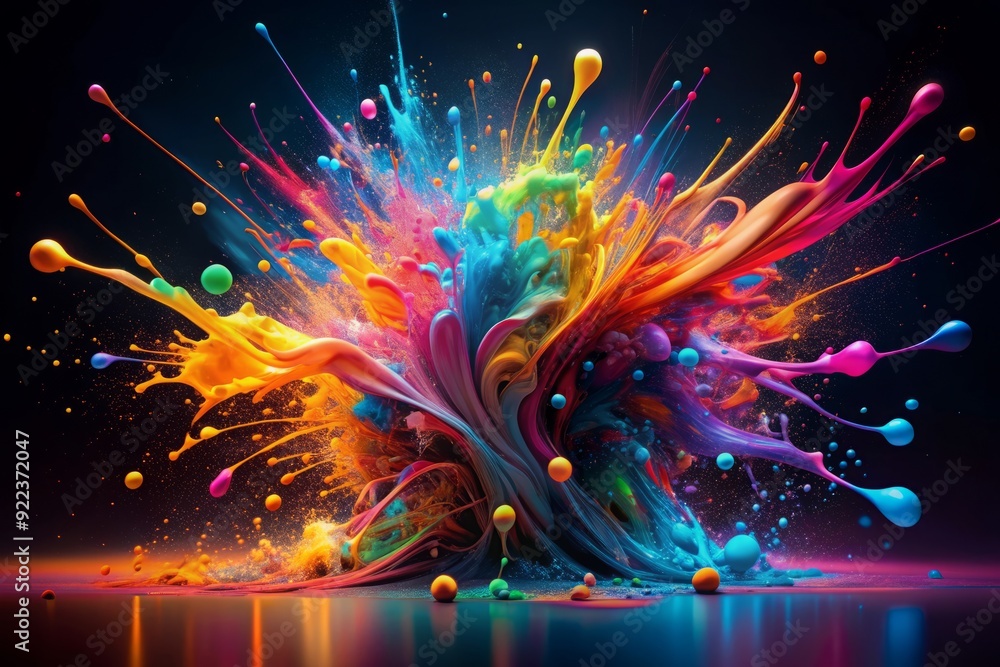 Poster vibrant abstract painting explodes with neon paint splashes on a dark black background, creating a m