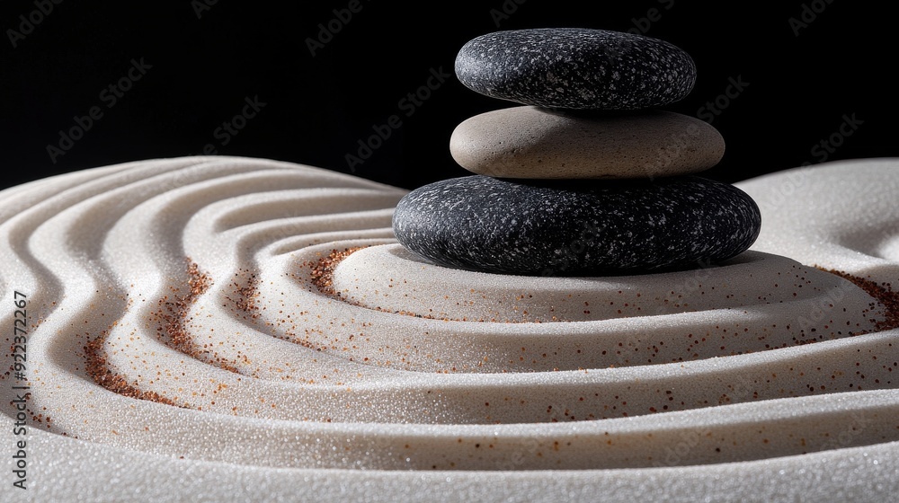 Poster stack of stones balancing on a bed of white sand creating concentric circles