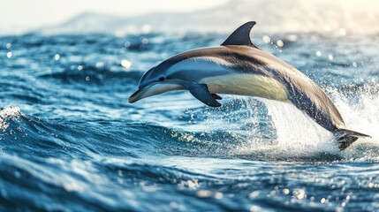 Fototapeta premium A dolphin leaping out of the water, creating a large splash as it re-enters the ocean.