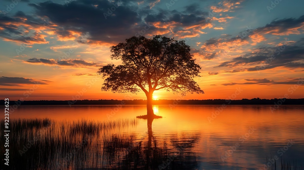 Wall mural Silhouette of a Tree at Sunset Over a Lake - Realistic Image