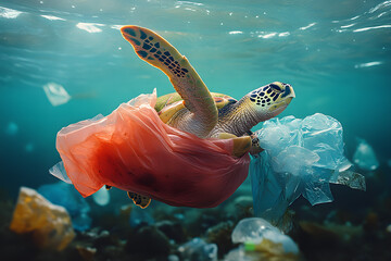 Plastic pollution in ocean environmental problem. Turtles can eat plastic bags mistaking them for jellyfish