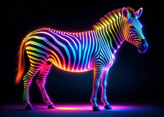 Fototapeta premium Vibrant neon zebra stripes illuminate against a dark background, radiating a mesmerizing glow with sharp, high-definition details in stunning 8K ultra-high resolution.
