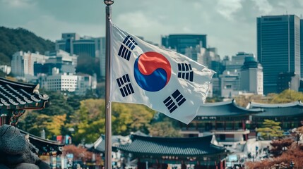 Soaring Modernity:South Korean Flag Emblazons Futuristic Seoul Skyline