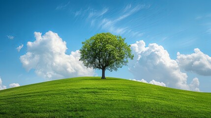 Fototapeta premium A lone lime tree on a rolling green hillside under a crystal-clear sky with billowing clouds, representing tranquility and solitude.