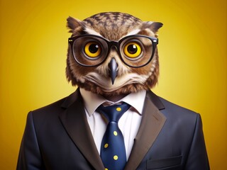 Whimsical owl in glasses and formal attire poses against bright yellow background, blending wisdom of nature with sophistication of corporate culture.