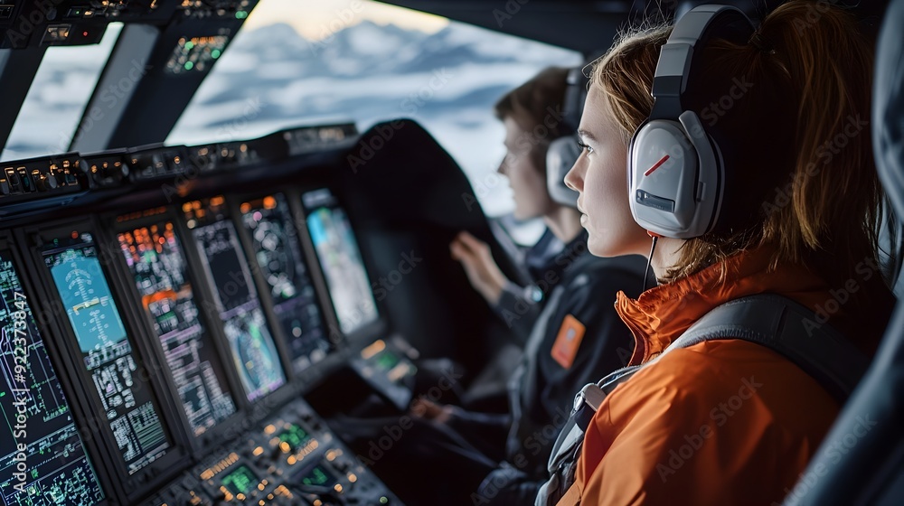 Poster airline crew monitoring flight data with starlink connectivity