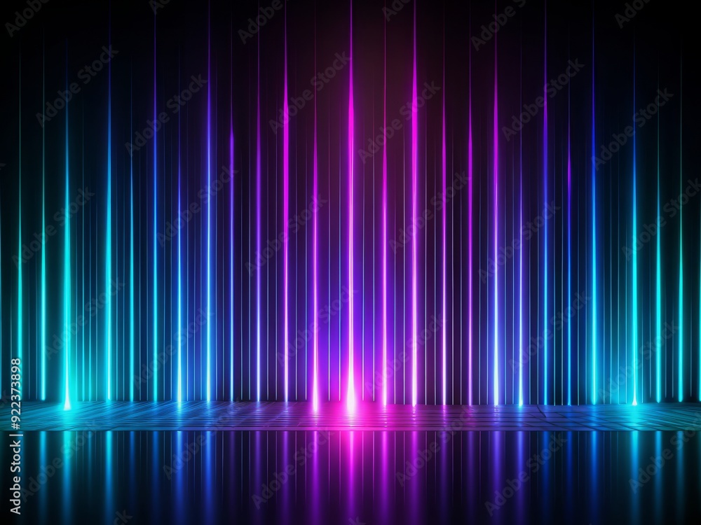 Poster dark abstract background with sleek vertical stripes, illuminated by a black light, creating a mesme