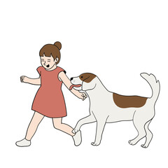 Little girl playing with dog