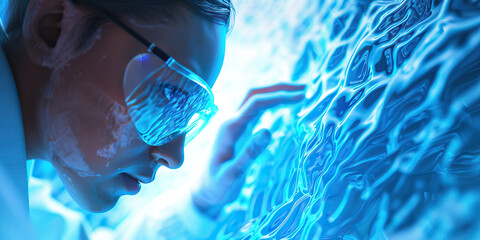 A scientist diligently studies the intricate patterns of an aquamarine surface, their curiosity piqued by the hidden depths