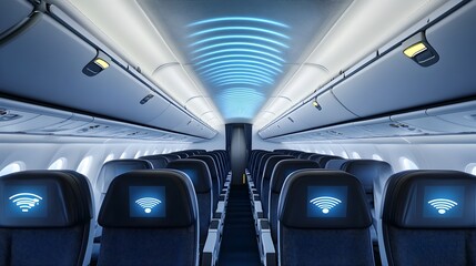 Fototapeta premium Digital Wi-Fi Connectivity Indicators in Airplane Cabin Showcasing Modern Travel Amenities
