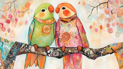 Whimsical Brat Birds with Asian Symbols Perched in Shamanic Tree Branch Environment