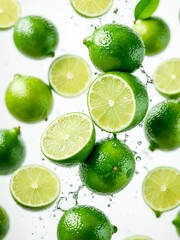 Close up of vibrant limes and lime slices with water splashes and fresh green leaves The image captures the refreshing and juicy texture of the fruit, isolated on a white background