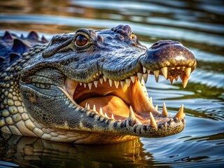 Obraz premium A menacing alligator with sharp teeth and scaly skin swims in murky water, jaws wide open, revealing powerfulrows of teeth, awaiting unsuspecting prey.