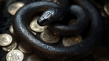 Fototapeta premium Black snake lying on a pile of gold coins representing financial issues