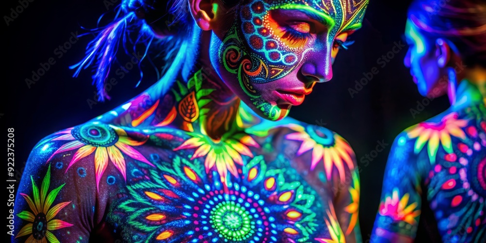 Poster vibrant neon body paint designs glow brightly under a blacklight, showcasing intricate patterns and 