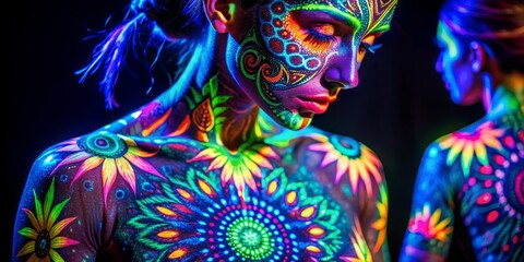 Vibrant neon body paint designs glow brightly under a blacklight, showcasing intricate patterns and colors on a hand, creating a mesmerizing and psychedelic visual effect.