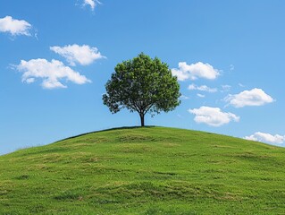 Obraz premium A lone hazel tree on a verdant hill under a clear blue sky with drifting clouds, conveying serenity and isolation.