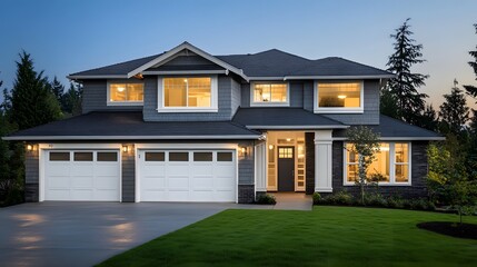 A large two-story house with three garages, showcasing the exterior of American houses in Washington State at dusk
