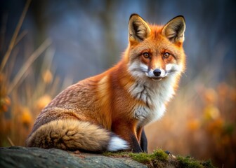 Fototapeta premium Vibrant orange red fox with bushy tail poses elegantly, showcasing its rusty fur and piercing gaze, set against a clean isolated background in stunning detail.