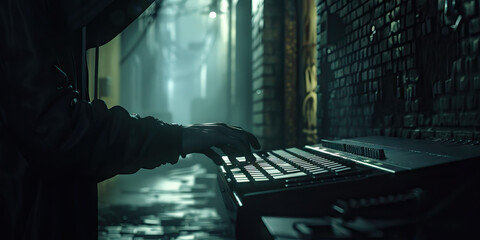 In the dimly lit alleyway, a silhouetted figure hunches over a keyboard, fingers flying across the keys with practiced ease