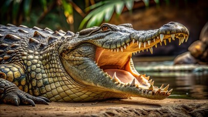 Obraz premium A massive crocodile relaxes with its powerful jaws agape, revealing a menacing array of sharp teeth, poised to strike in a serene yet ominous environment.