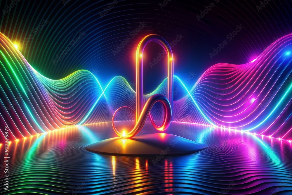Poster vibrant neon lights illuminate a futuristic 3d musical note, surrounded by undulating colorful waves