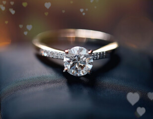Jewelry ring with diamond on a dark background with bokeh hearts.