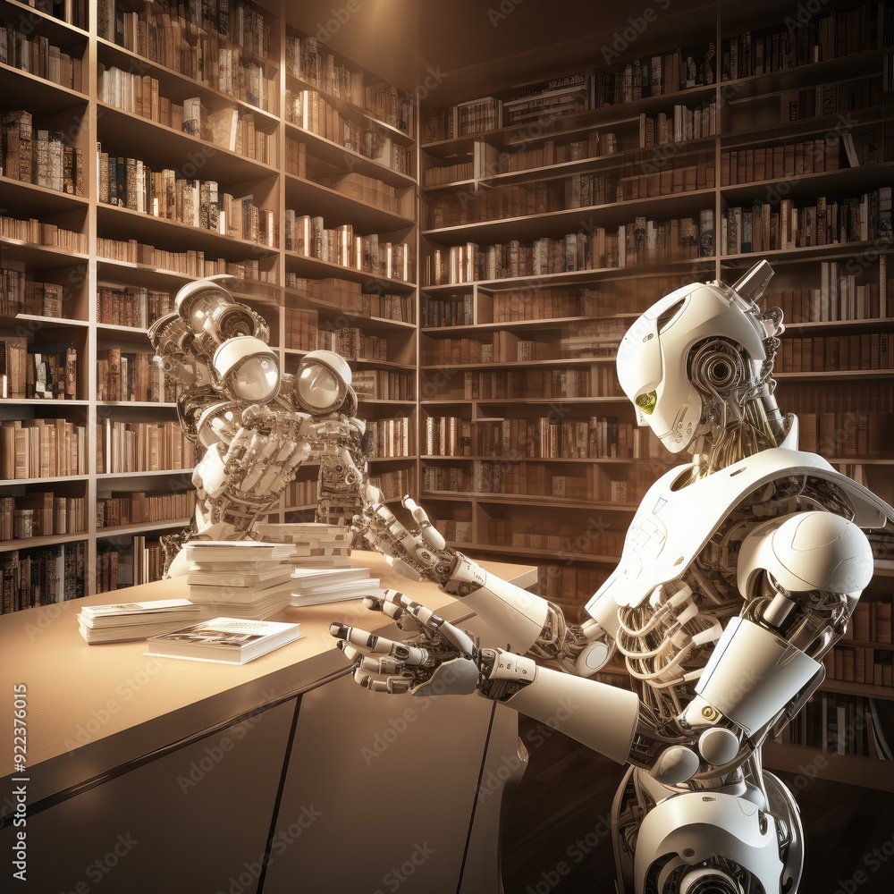 Poster an ai-powered robot librarian organizing a vast digital library, symbolizing knowledge management th