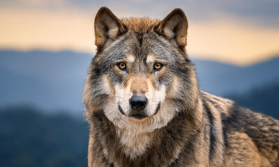 Fototapeta premium Close-up Big gray wolf eyes wild anger portrait 
