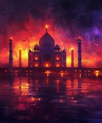  view of Taj Mahal by candlelight. indian holiday background for greeting card. Ramadan, Eid al-Fitr or Eid al-Adha. Diwali, Pongal, Ugadi, Gudi Padwa. 
 Cartoon Festive  Hindu banner, copy space.