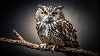 Fototapeta premium Majestic owl with piercing yellow eyes and soft, feathery plumage perches on a branch, set against a stark, isolated, dark gray background, showcasing its intricate details.