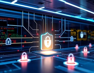 a sleek virtual environment with a glowing firewall protecting data streams, highlighted by animated elements like data packets and security alerts create with ai