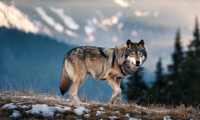 Fototapeta premium Mountain Big gray wolf with wild angry eyes hunting 
