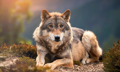 Fototapeta premium Close-up Big gray wolf eyes wild anger portrait 