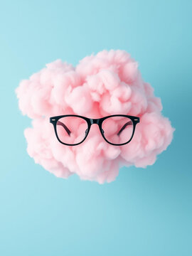 flufy pink cloud with glasses on bright blue background.minimal abstract creative composition.