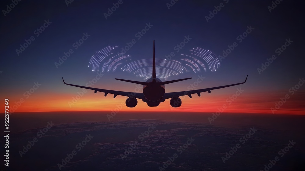 Poster animated visualization of seamless in-flight wifi signals radiating through the sky
