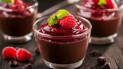 Close-up of chocolate mousse dessert topped with raspberry sauce and fresh raspberries.