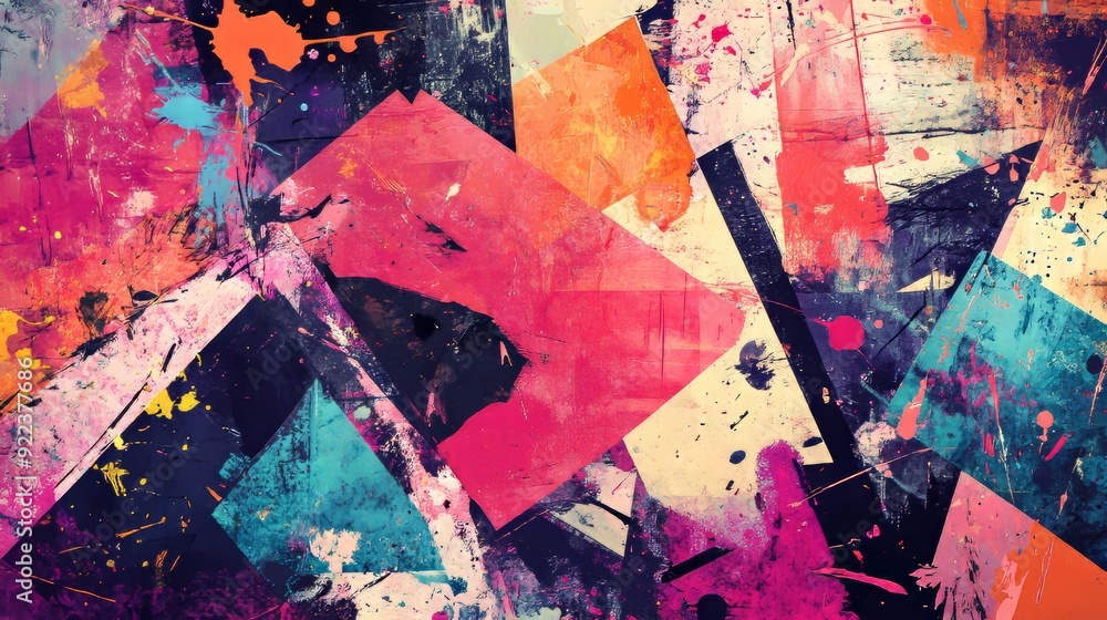 Poster abstract grunge background showing multicolored shapes and paint splatter