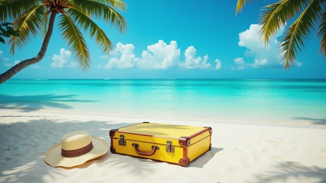 A serene tropical beach scene with yellow suitcase and straw hat rest on soft sand in front of a swaying palm tree. Clear blue sky and the sparkling ocean create a relaxing vacation ambiance.